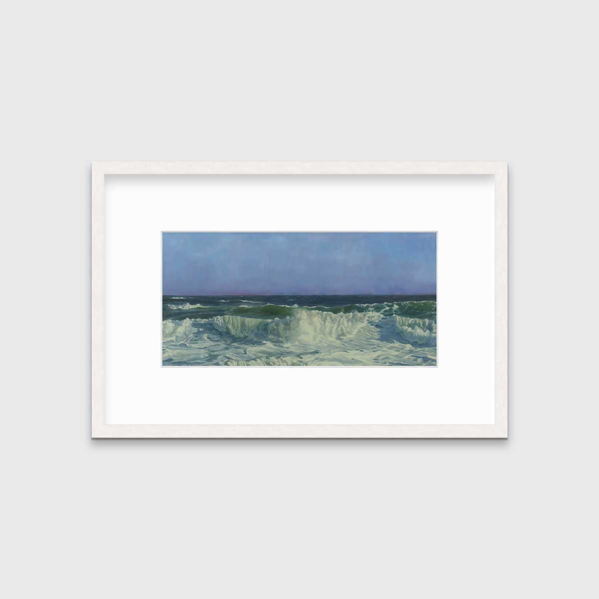 A blue, teal, white and light green abstract water wave print in a whitewashed frame with a mat hangs on a white wall.