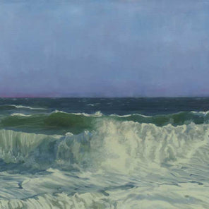 A painted scene of the ocean with rolling waves and clear blue sky. 