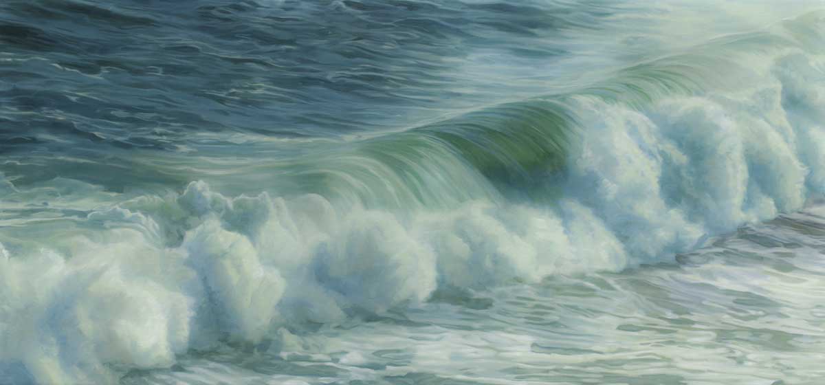 A print of the ocean with a rolling wave.
