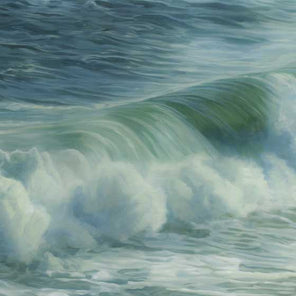 A painted scene of the ocean with a rolling wave. 