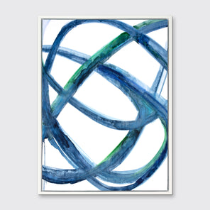 A blue, green, and white abstract print framed in a white floater frame, hangs on a grey wall.