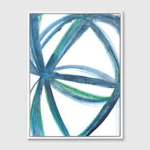 A blue, green, and white abstract print framed in a white floater frame, hangs on a light grey wall.