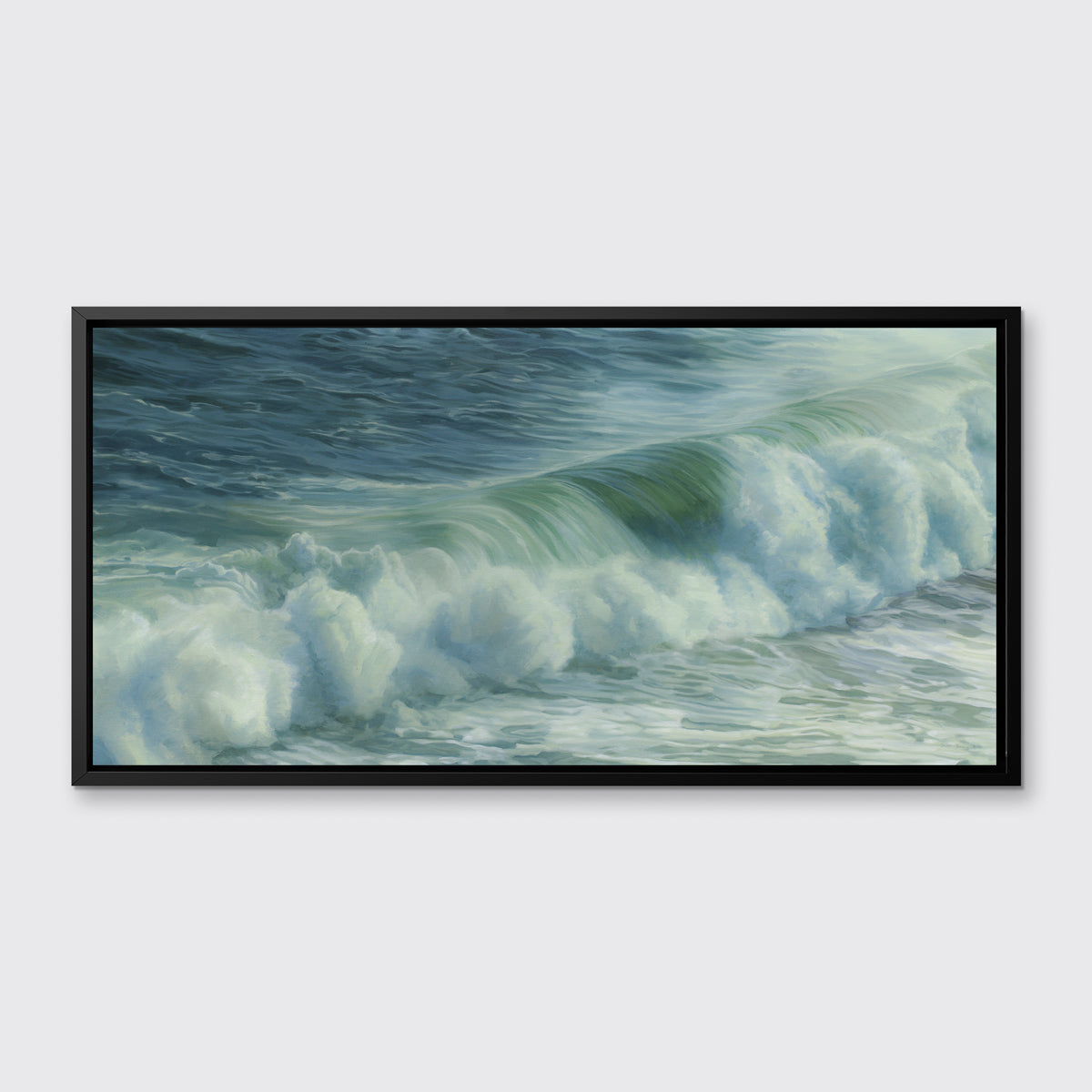 A blue, teal, white and light green abstract water wave print in a black floater frame hangs on a white wall.