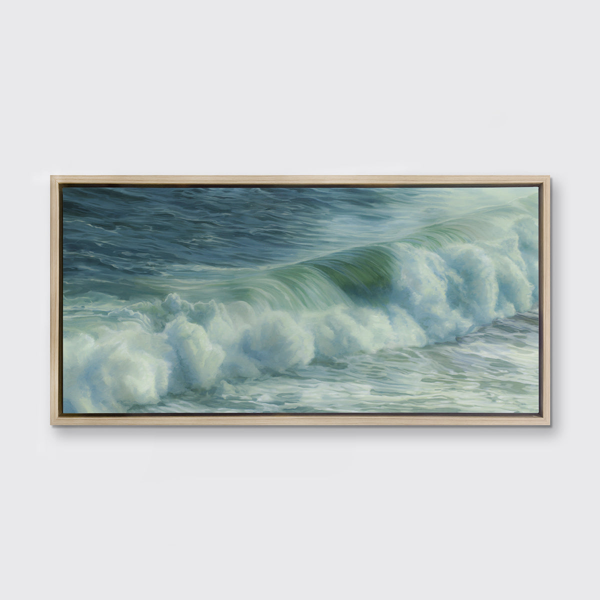 A blue, teal, white and light green abstract water wave print in a white oak wood floater frame hangs on a white wall.