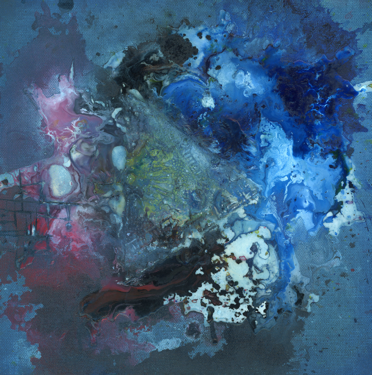A blue, red, black and green abstract print by Tony Iadicicco.