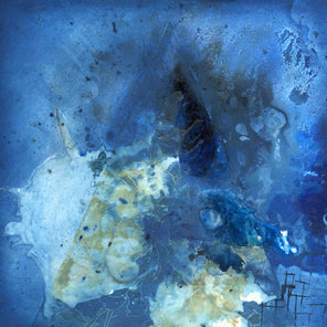 A blue, black and light green abstract painting by Tony Iadicicco in collaboration with Alex Waters.