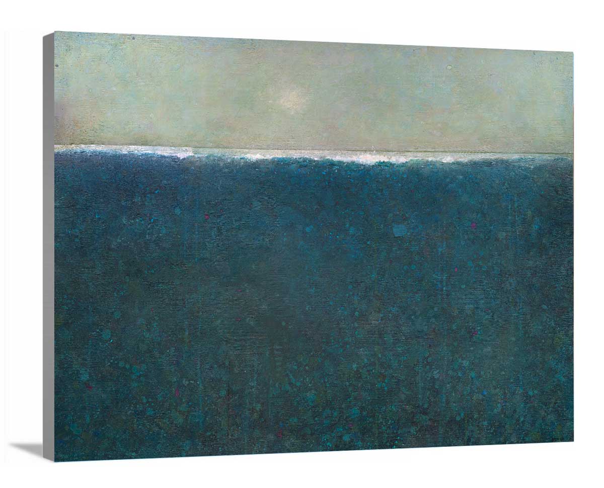 A side-angle view of a blue abstract landscape print by Elwood Howell on canvas.