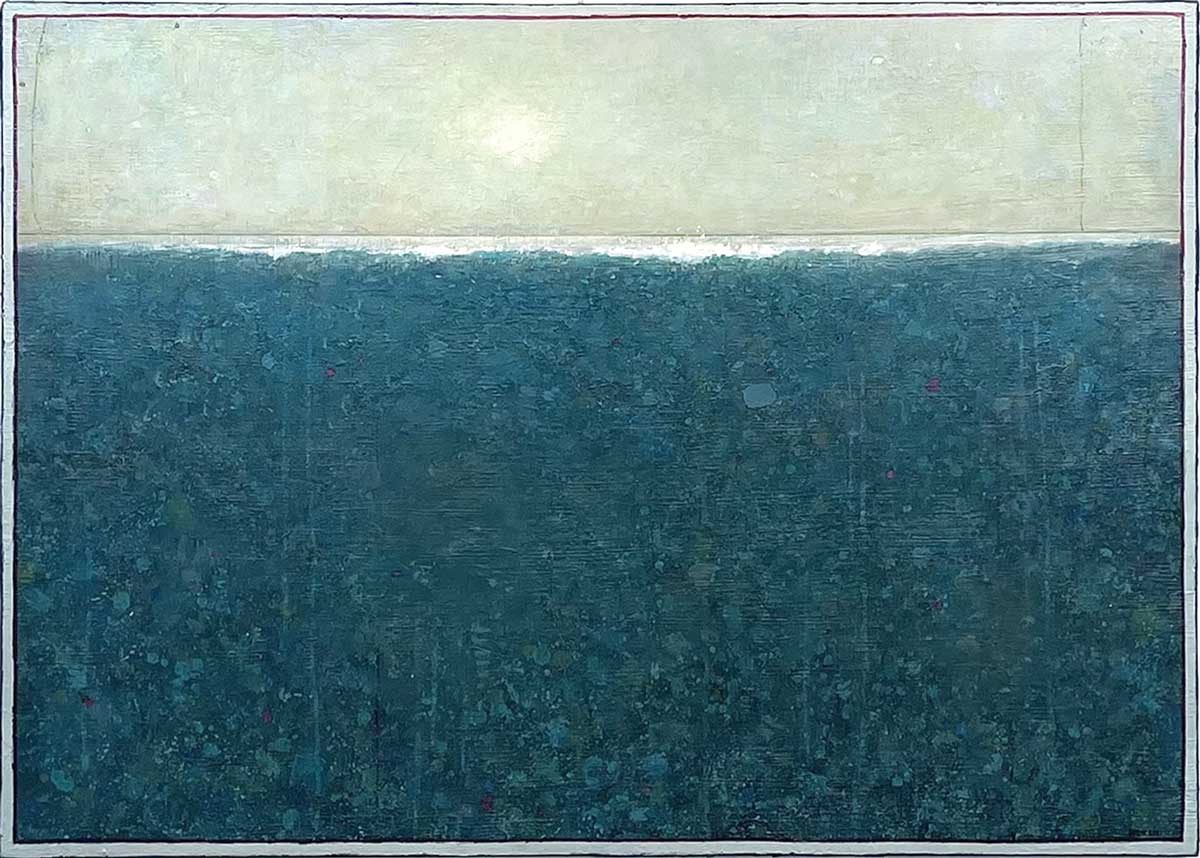 A blue and light green abstract landscape painting by Elwood Howell.