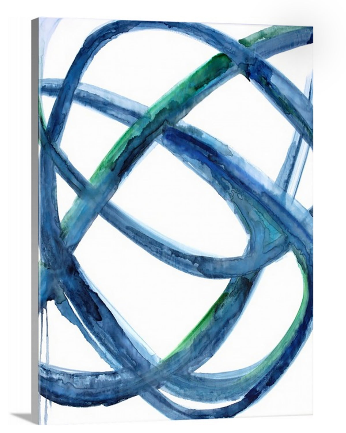 A side-angle view of a blue, green and white abstract print on canvas.