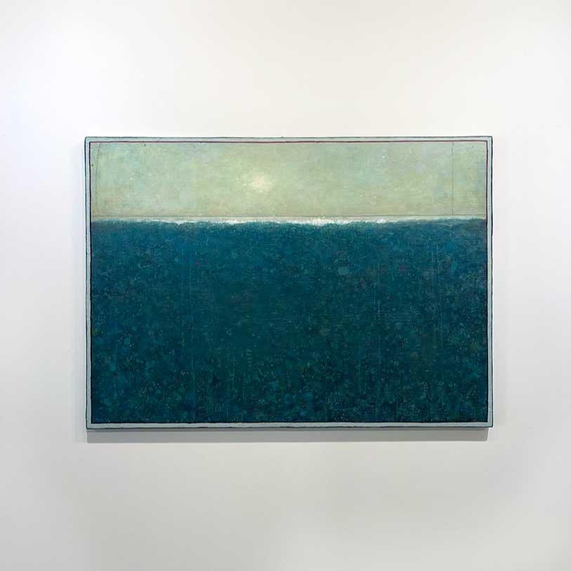 A blue and light green abstract landscape painting by Elwood Howell hangs on a white wall.