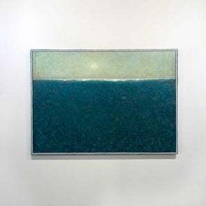 A blue and light green abstract landscape painting by Elwood Howell hangs on a white wall.