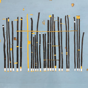 Abstract painting of black lines with accents of white and yellow on a light blue background. 