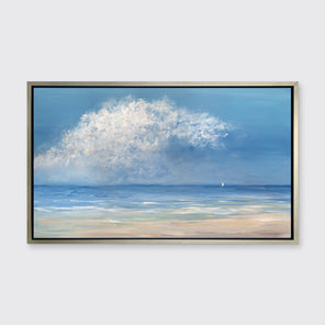 An impressionistic seascape canvas print framed in a silver floater frame, hanging on a grey wall.