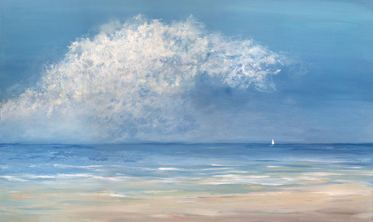 An impressionistic seascape print with white clouds and a small sailboat located on the horizon line. 