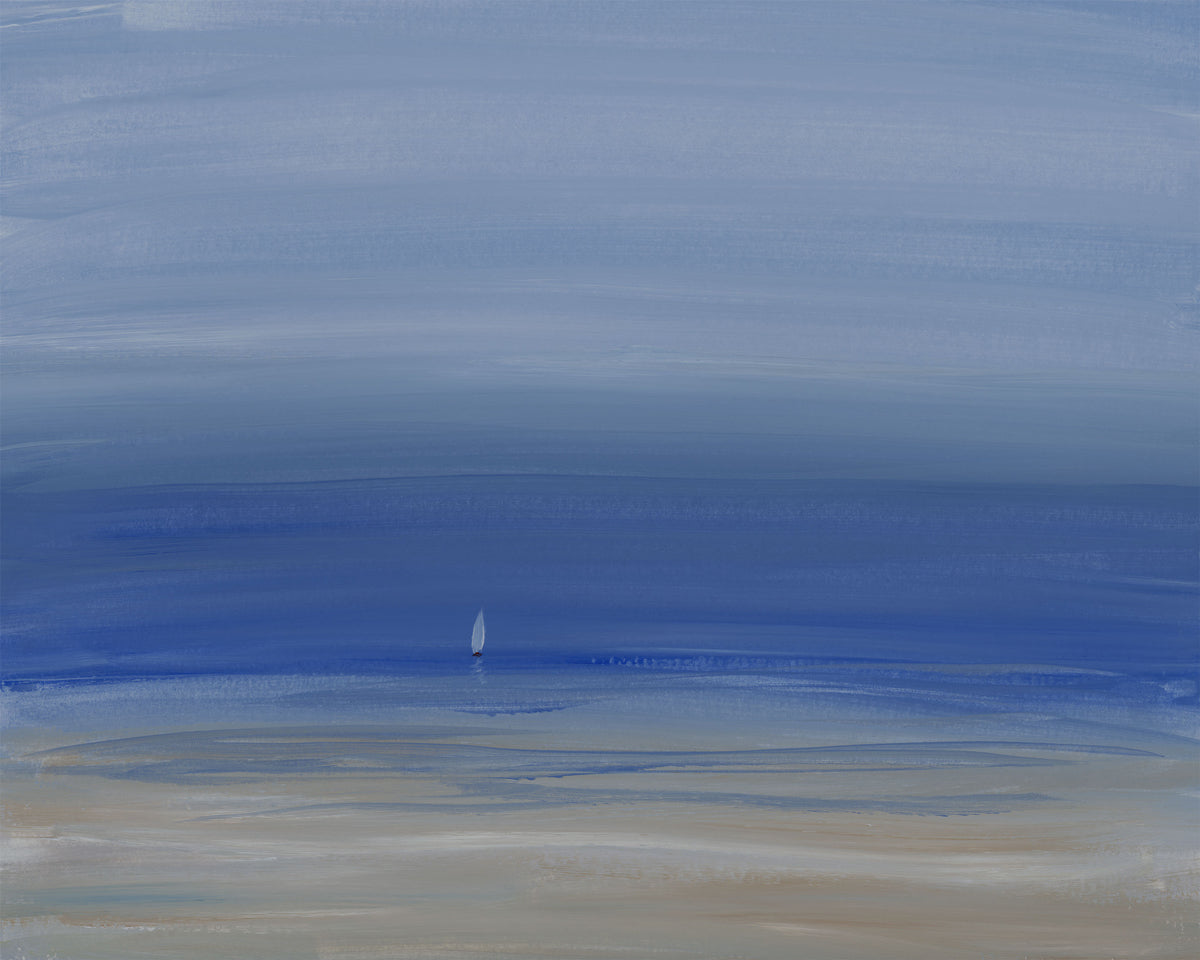 A blue and beige abstract seascape with a small white sailboat print by S. Cora Aldo.