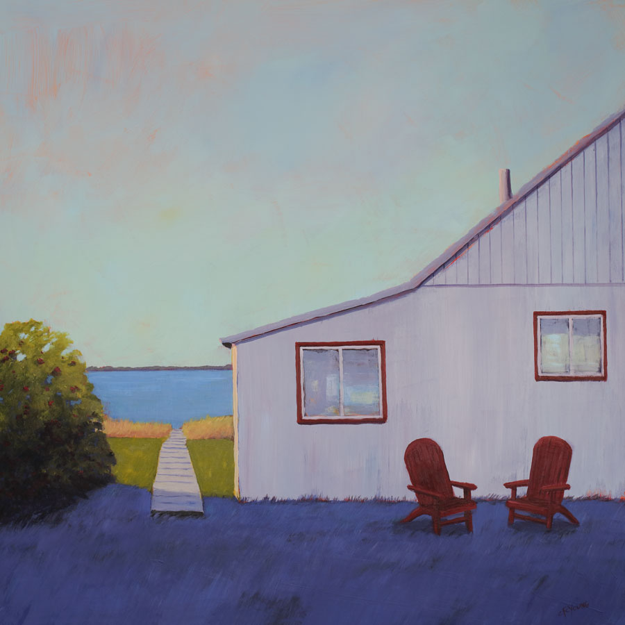 A blue, lavender and light purple contemporary seascape print with a beach house, two red adirondack chairs and a walkway leading to the water by Carol Young.