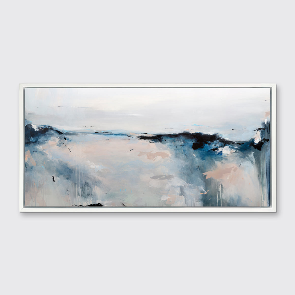 A blue, black, grey and peach abstract print in a white floater frame hangs on a white wall.