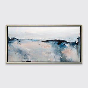 A blue, black, grey and peach abstract print in a silver floater frame hangs on a white wall.
