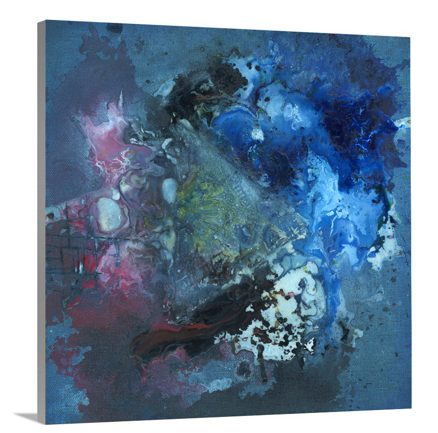 A side-angle view of a blue, red, black and green abstract print on canvas.