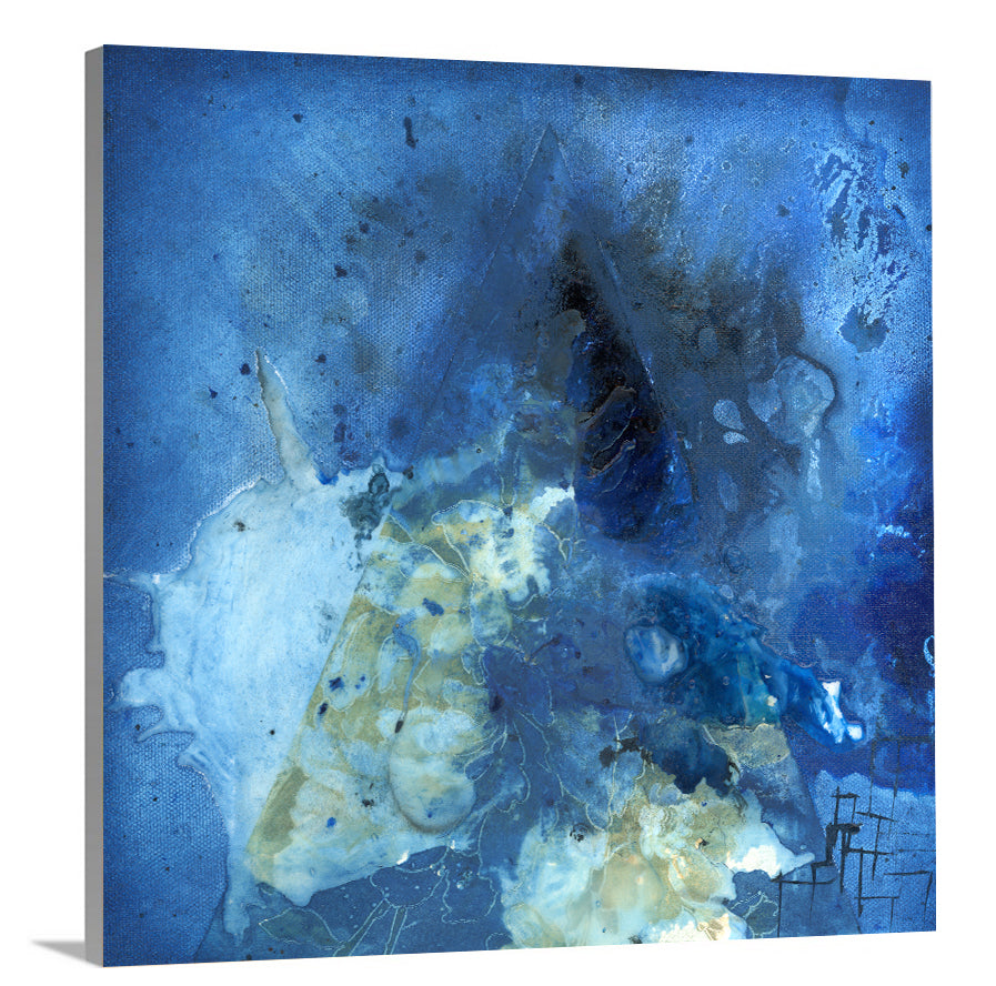 A side-angle view of a blue, green and black abstract print on canvas.