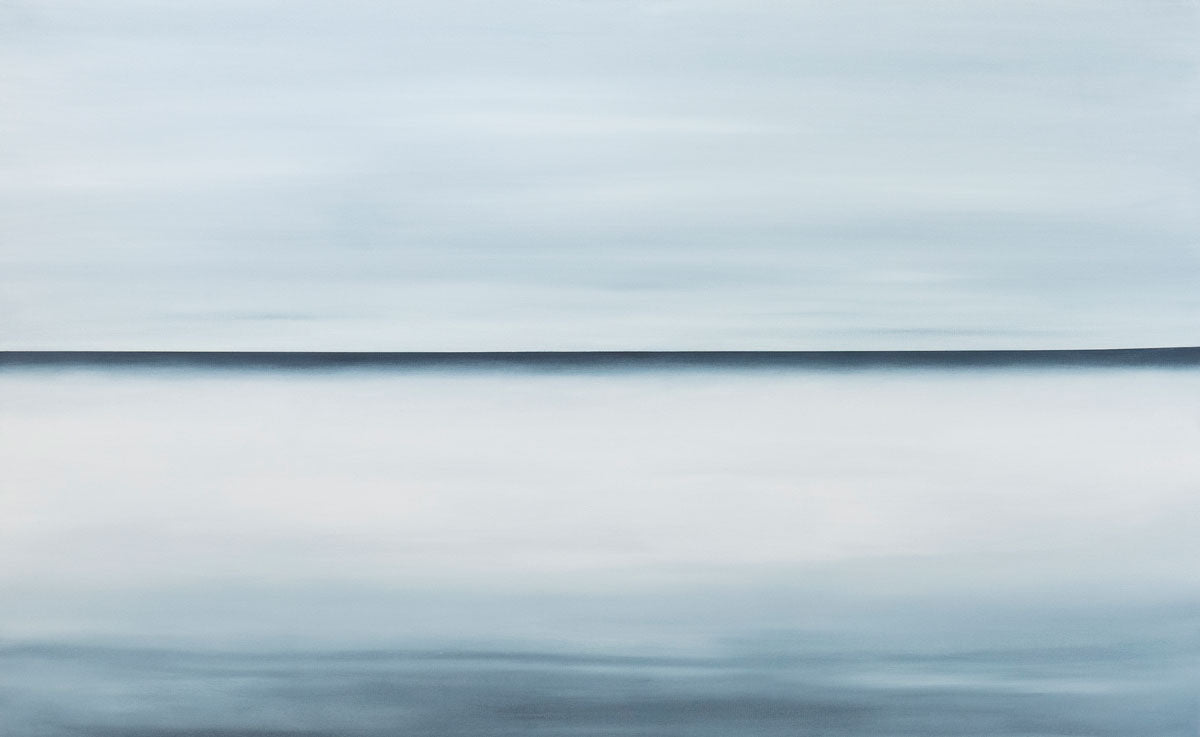 A blue oil painting with a single navy line in the middle of the canvas which suggests a horizon line. Wired and ready to hang.