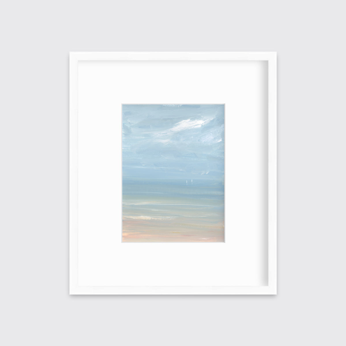 A white, blue and beige abstract seascape print in a white frame with a mat hangs on a white wall.