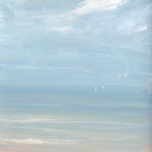 A light blue, white and beige abstract seascape painting with two sailboats by S. Cora Aldo.