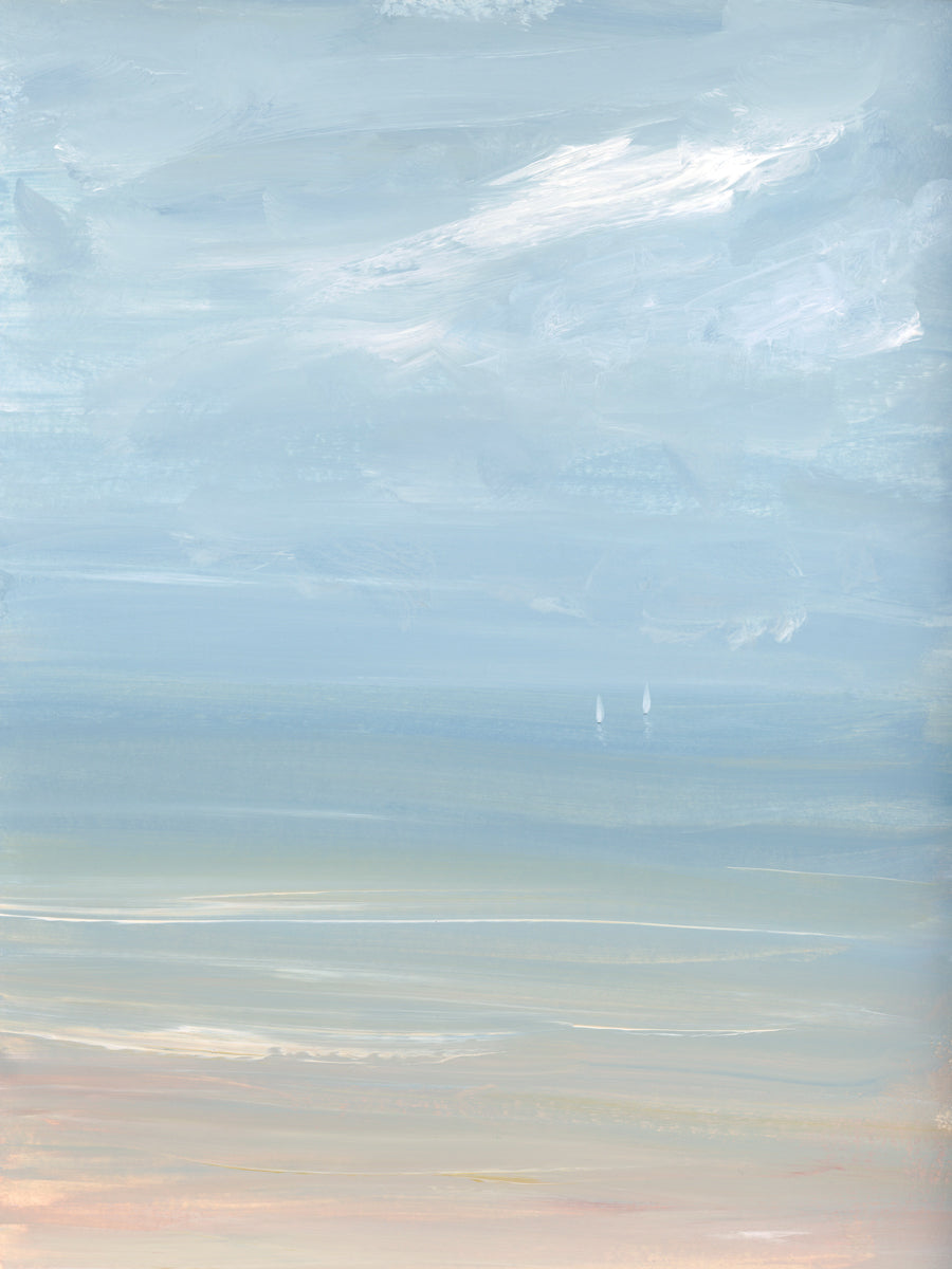 A white, blue and beige abstract seascape print by S. Cora Aldo.