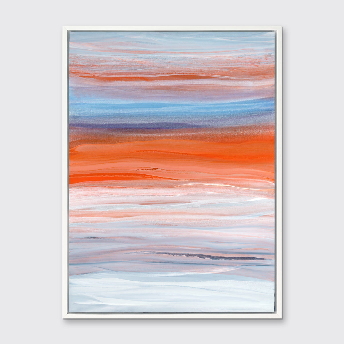 A blue, orange, light pink and white abstract print in a white floater frame hangs on a white wall.