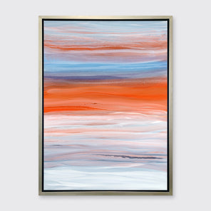 A blue, orange, light pink and white abstract print in a silver floater frame hangs on a white wall.