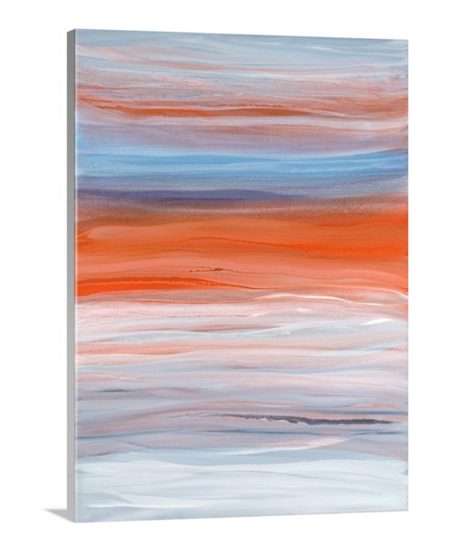 A side-angle view of a blue, orange, light pink and white abstract print on canvas.