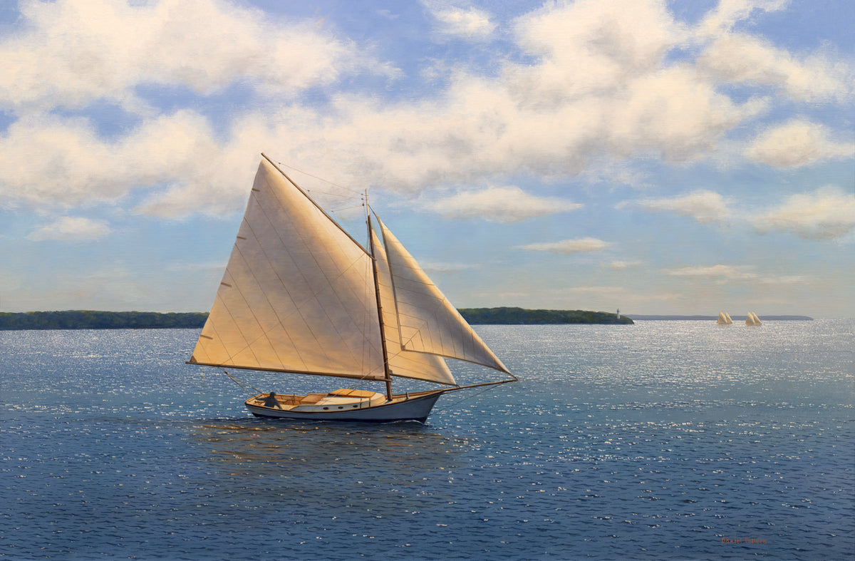 A blue, beige and white seascape print with sailboats by Daniel Pollera.
