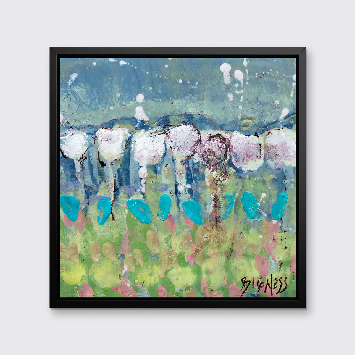 A teal, green and white abstract floral print in a black floater frame hangs on a white wall.