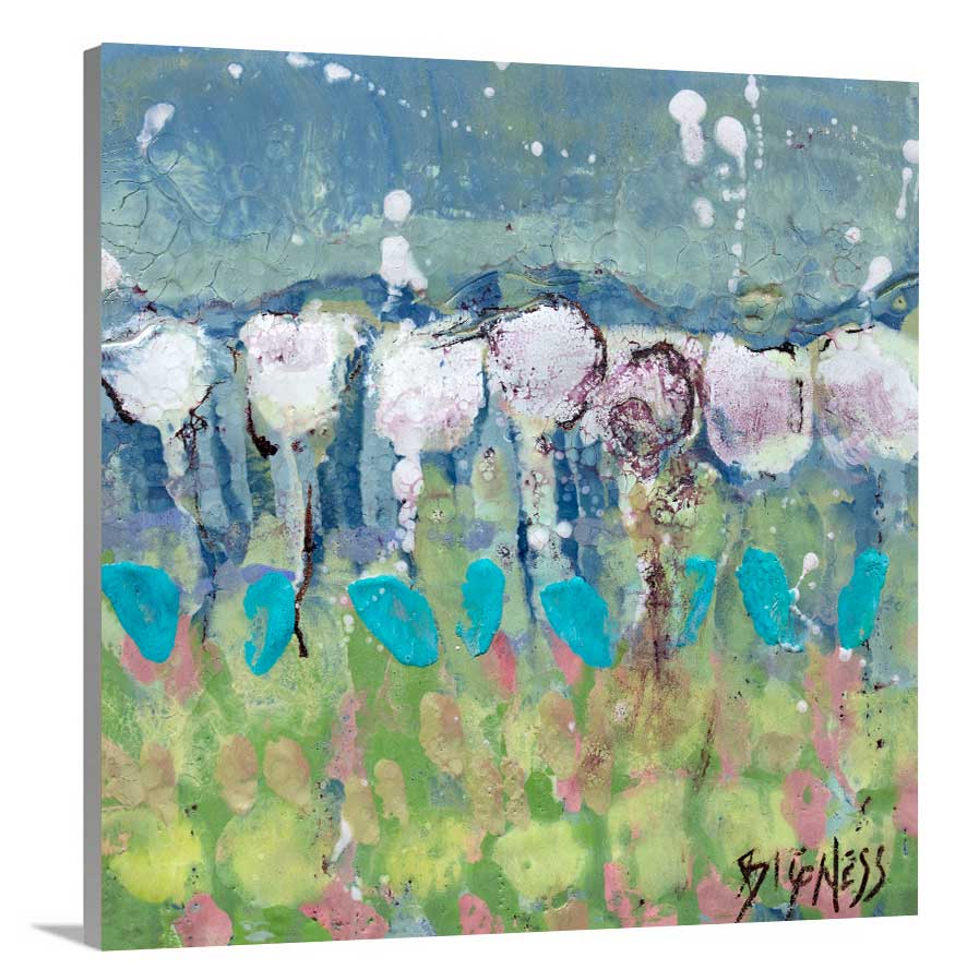 A side-angle view of a teal, green and white abstract floral print on canvas.