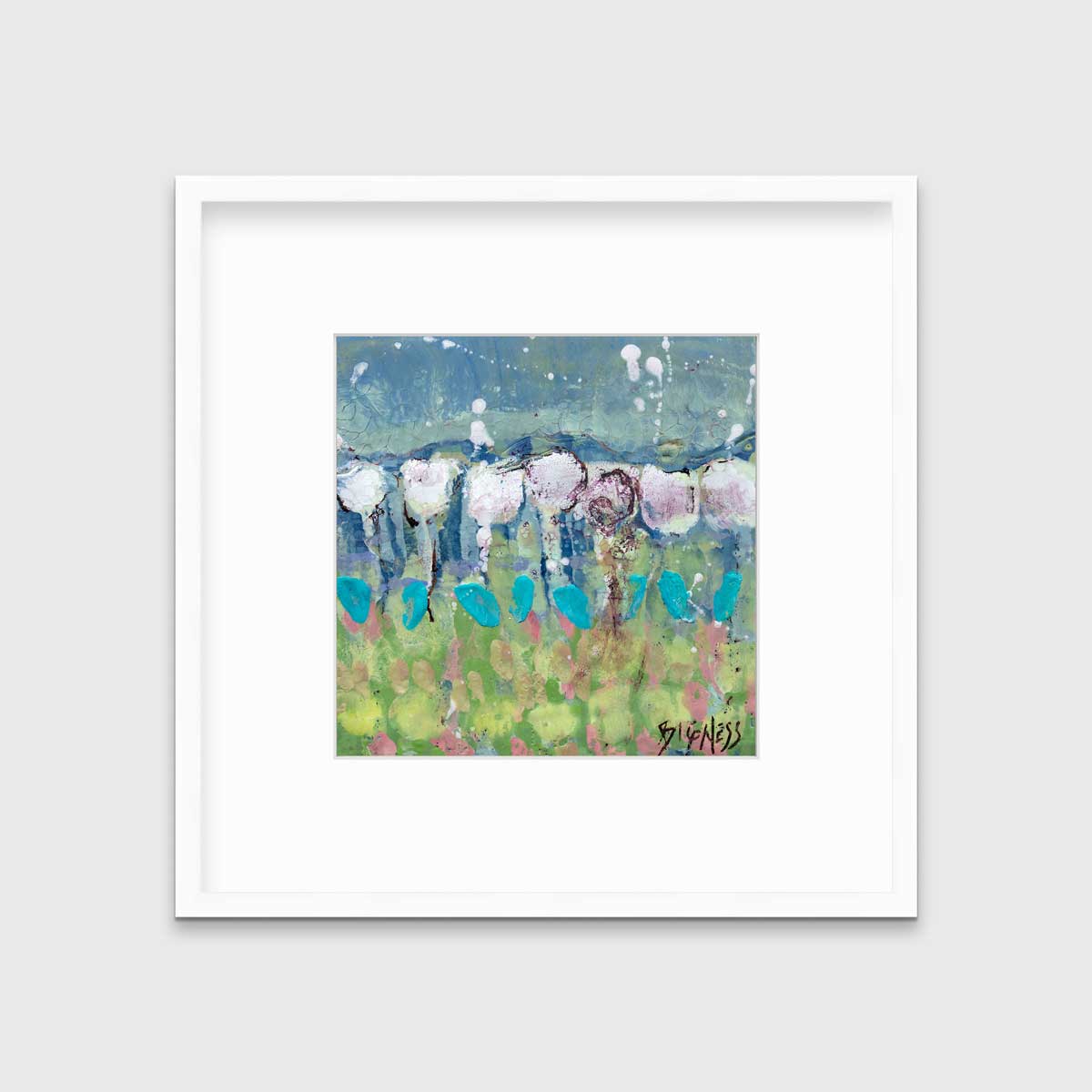 A teal, green and white abstract floral print in a white frame with a mat hangs on a white wall.