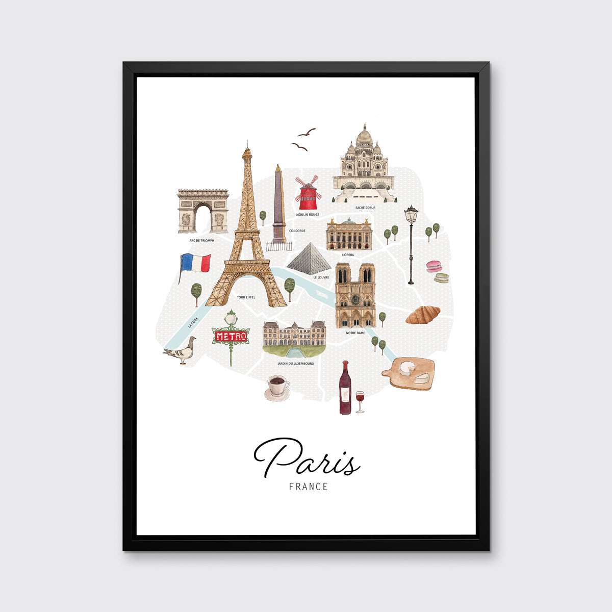 A multicolored map print of Paris, France with the famous landmarks in a black floater frame hangs on a white wall.