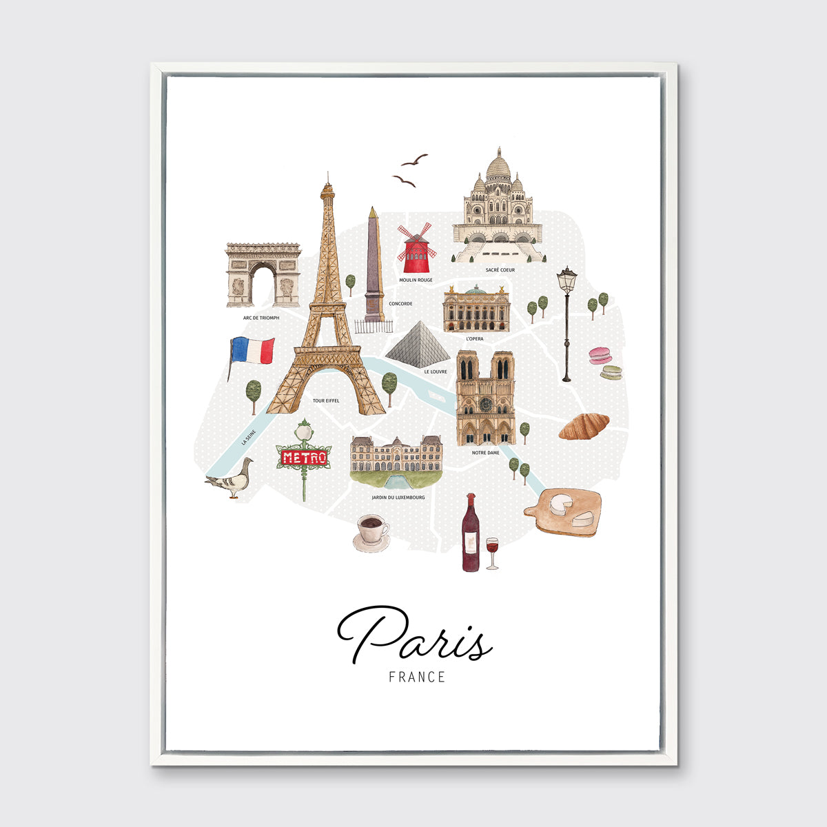 A multicolored map print of Paris, France with the famous landmarks in a white floater frame hangs on a white wall.