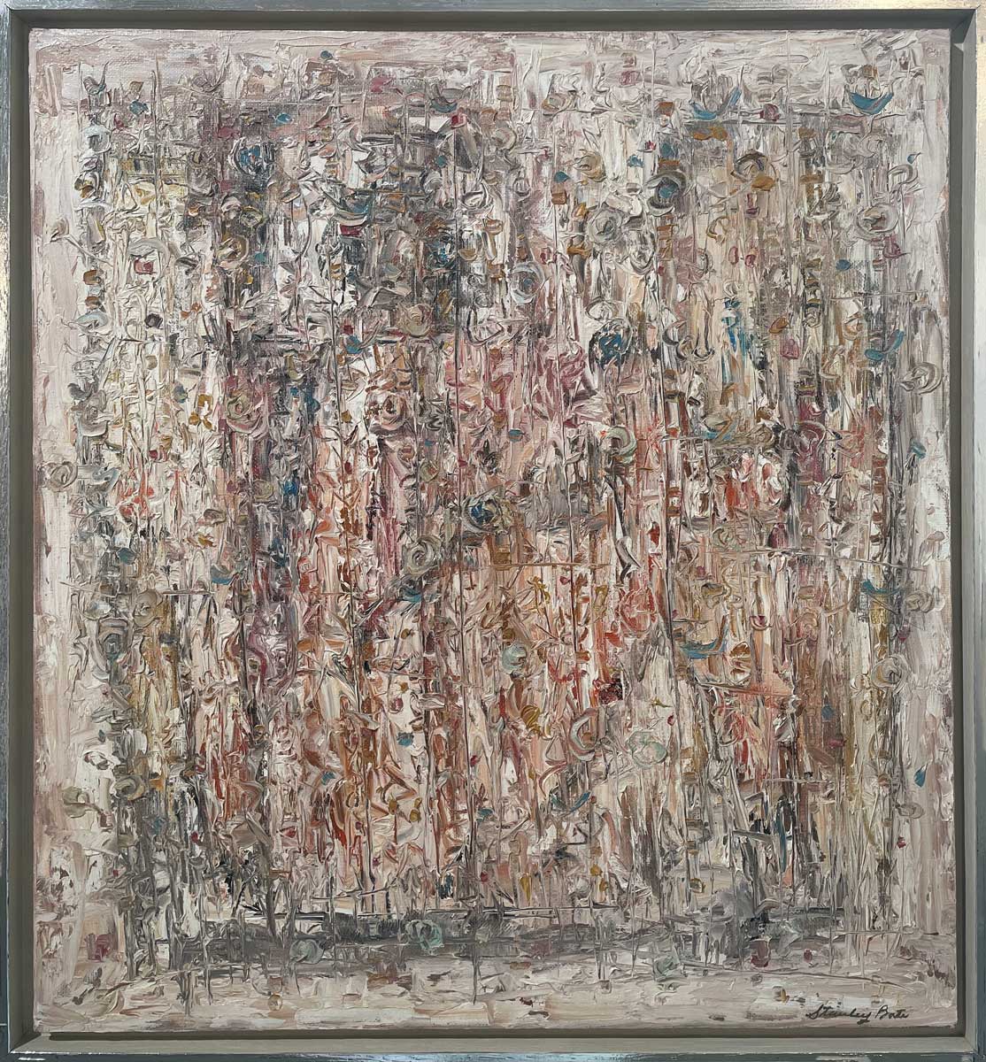 A white and grey abstract painting by Stanley Bate in a silver floater frame.