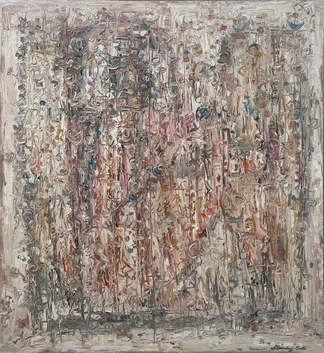 A white and multicolored abstract painting by Stanley Bate.