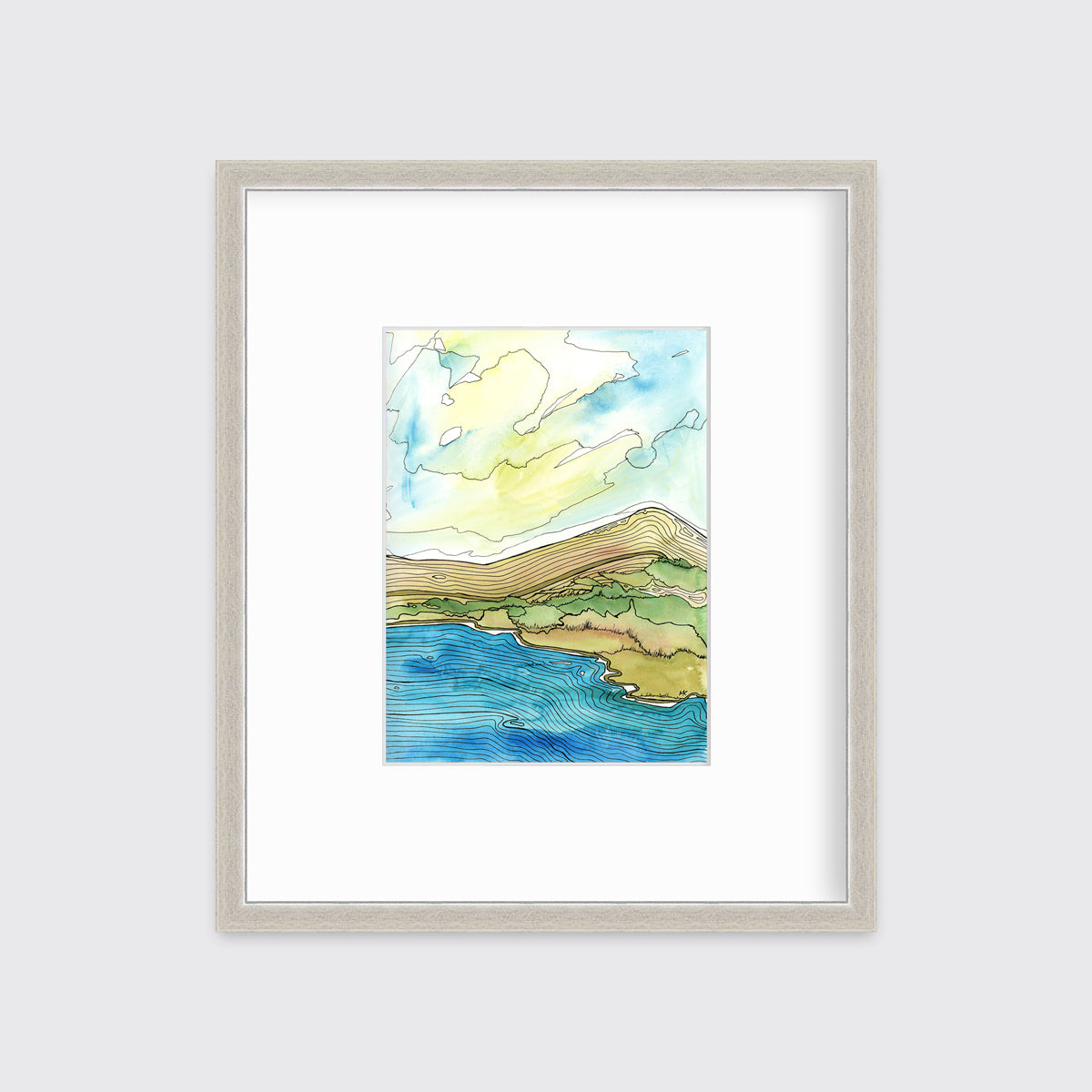 A blue, green, brown and light yellow abstract landscape with black outlines print in a silver frame with a mat hangs on a white wall.