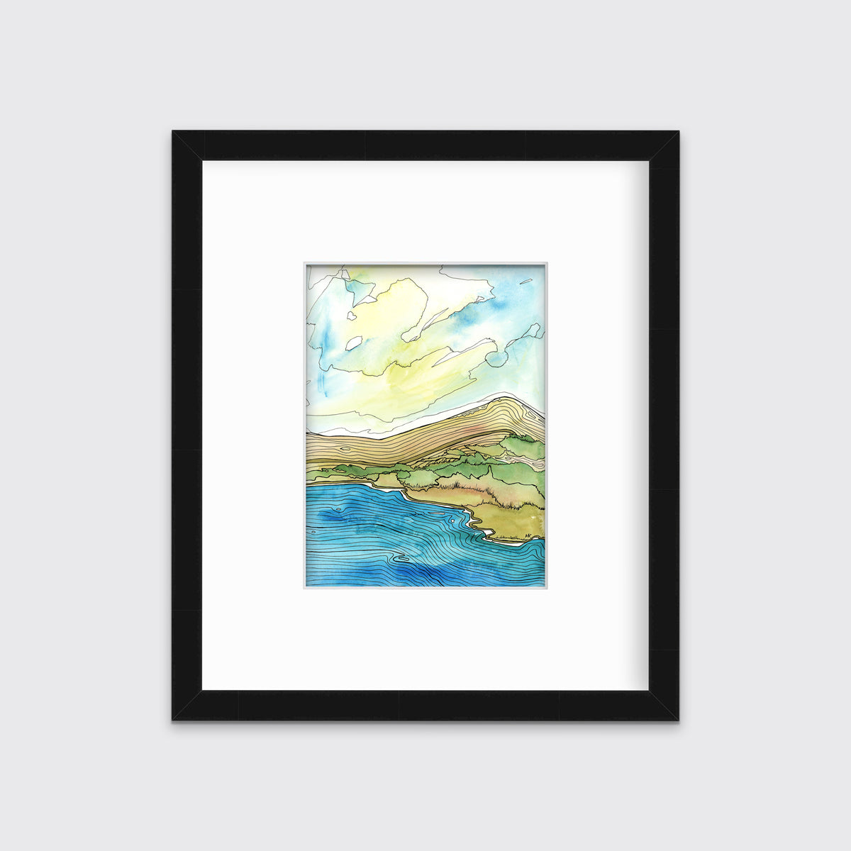 A blue, green, brown and light yellow abstract landscape with black outlines print in a black frame with a mat hangs on a white wall.
