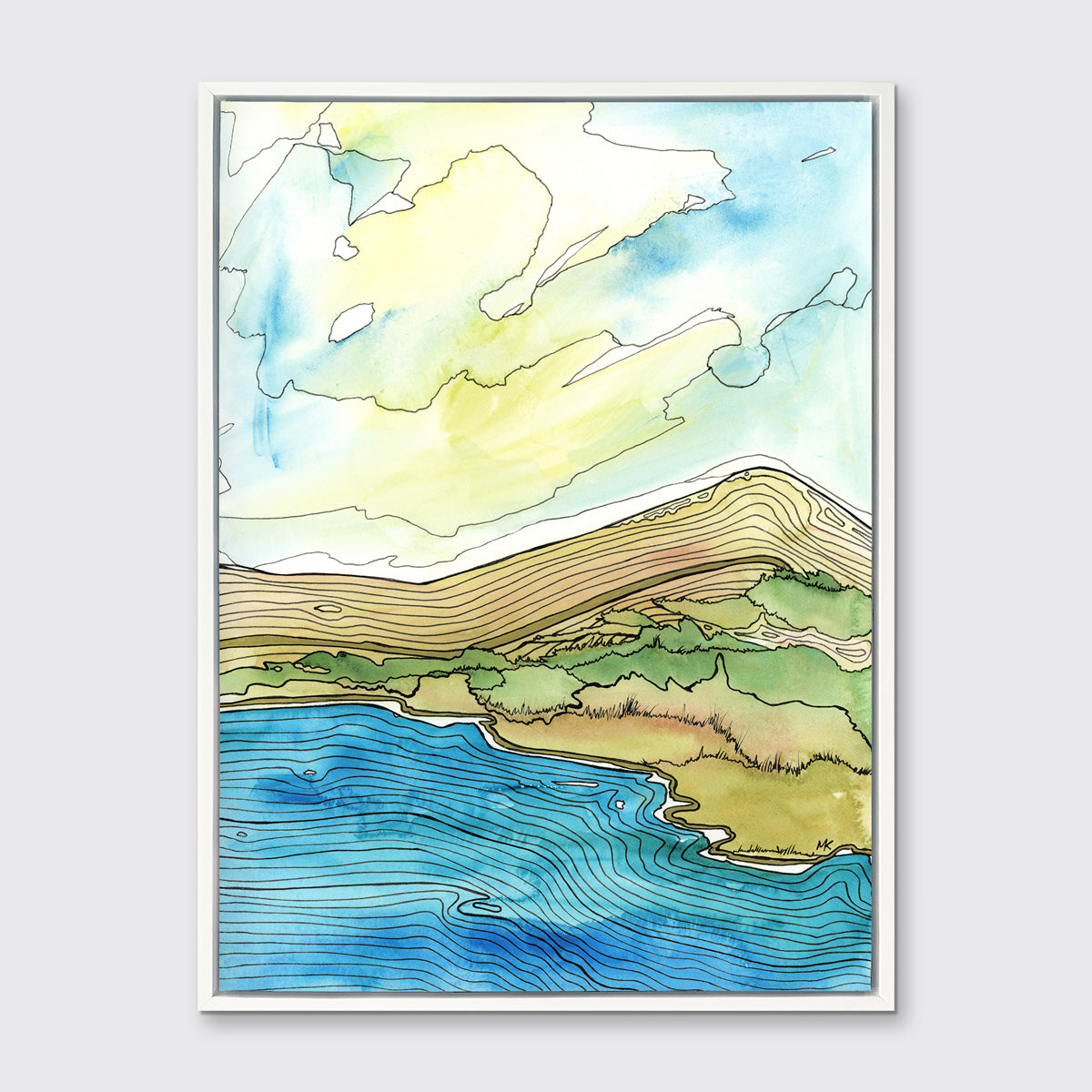 A blue, green, brown and light yellow abstract landscape with black outlines print in a white floater frame hangs on a white wall.