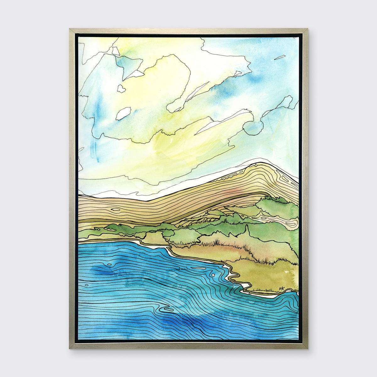 A blue, green, brown and light yellow abstract landscape with black outlines print in a silver floater frame hangs on a white wall.