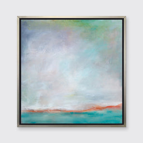 A teal and white abstract print in a silver floater frame hangs on a white wall.