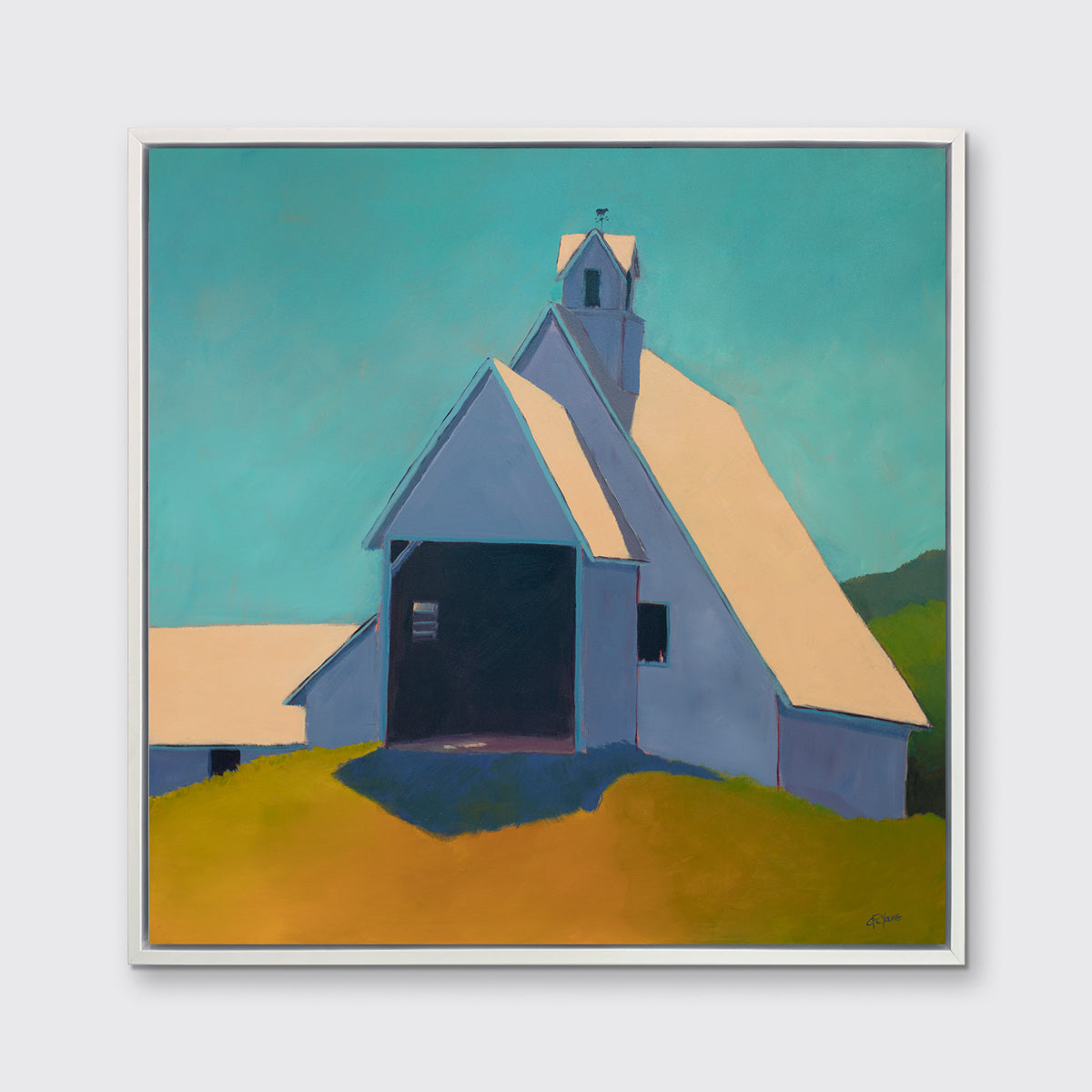 A teal, lavender, and peach contemporary barn print in a white floater frame hangs on a white wall.