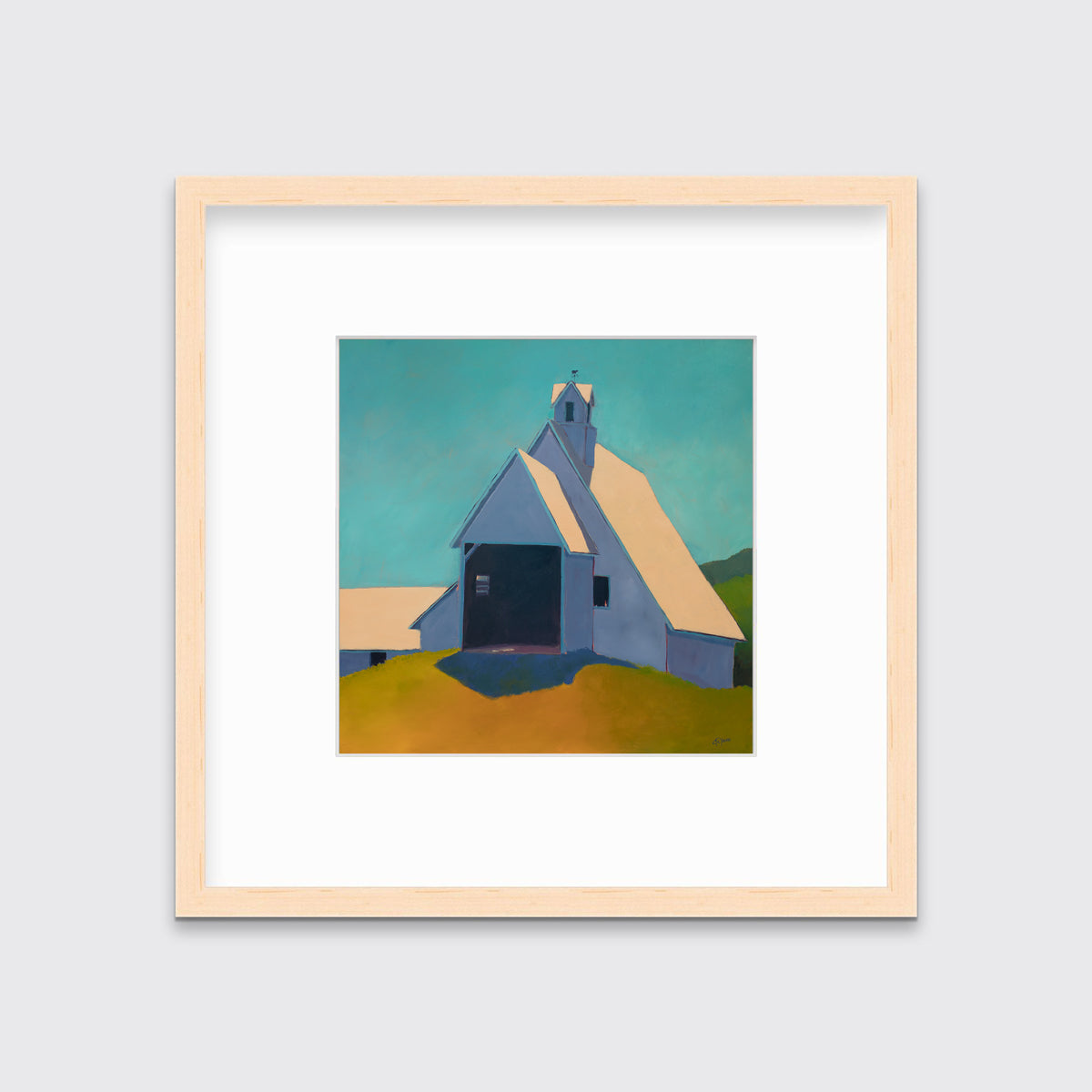 A teal, lavender, and peach contemporary barn print in a natural wood frame with a mat hangs on a white wall.
