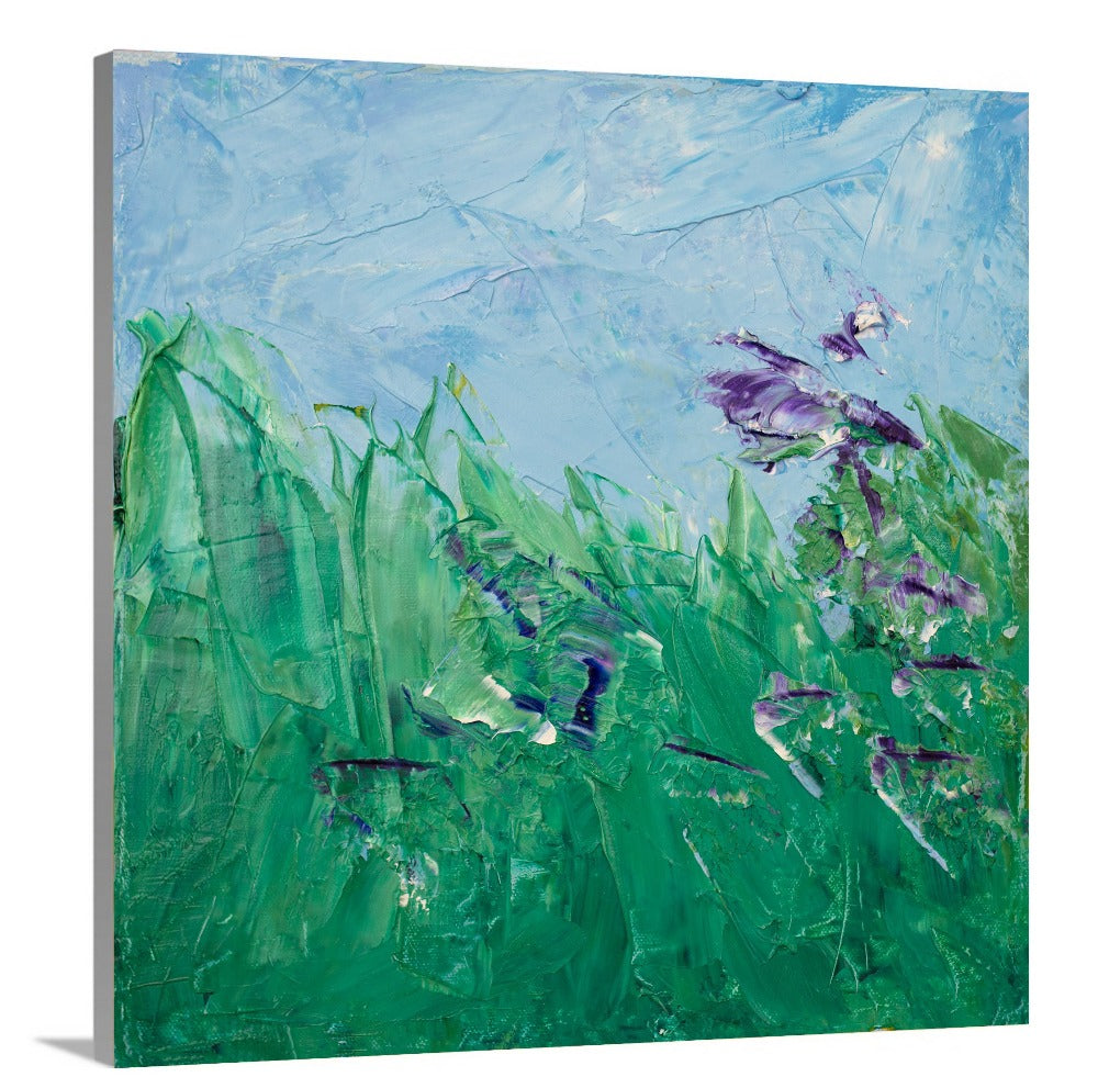 A blue, green, and purple abstract floral print on canvas. 