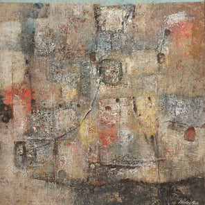 A light brown, grey and red modern abstract painting by Stanley Bate.