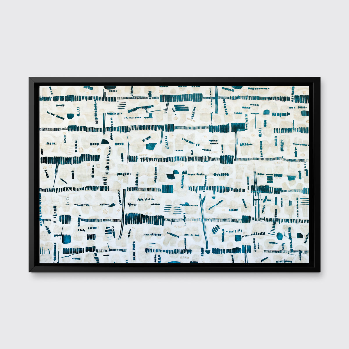 A dark teal, white and beige abstract print in a black floater frame hangs on a white wall.