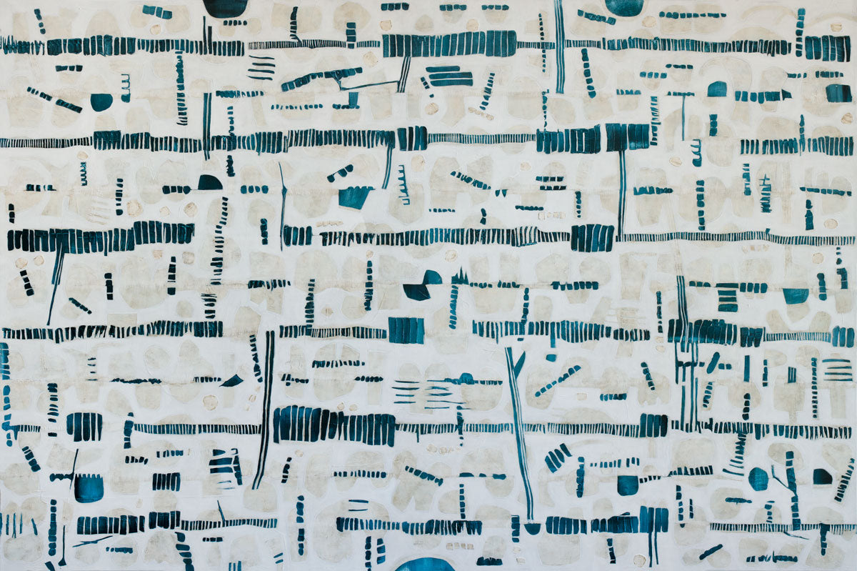 A dark teal, white and beige abstract print by Sofie Swann.